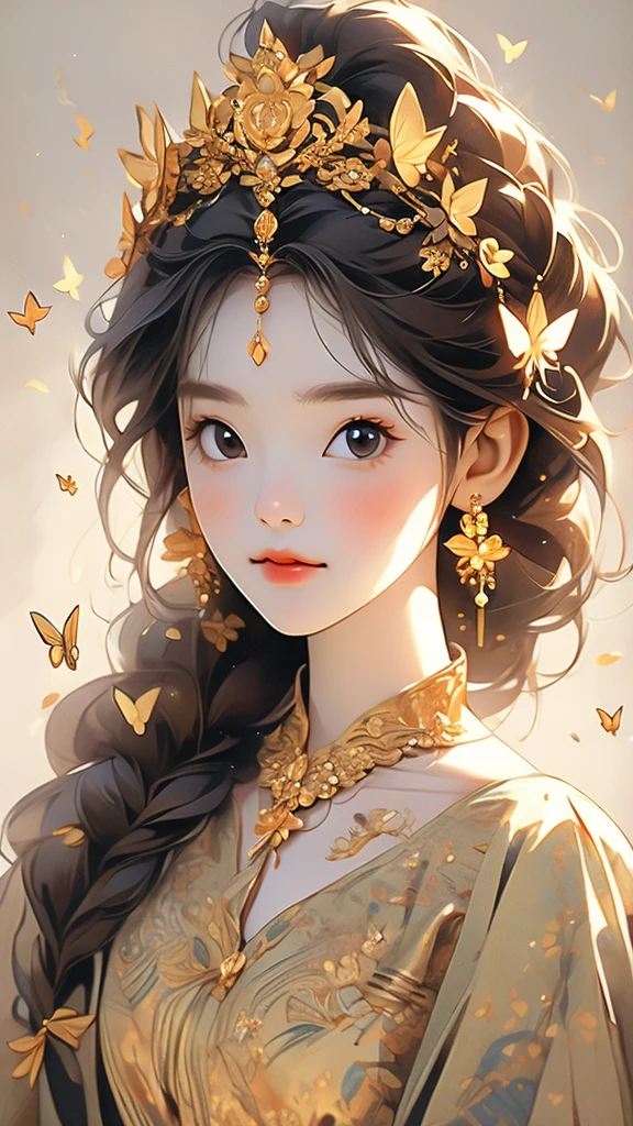 a pretty but beautiful woman wearing gold costume adorned with crown and butterflies, 1girl, jewelry, bug, solo, butterfly, brown hair, long hair, brown eyes, necklace, hair ornament, earrings, tiara, realistic, flower, portrait, looking at viewer, hair flower, grey background, braid, simple background