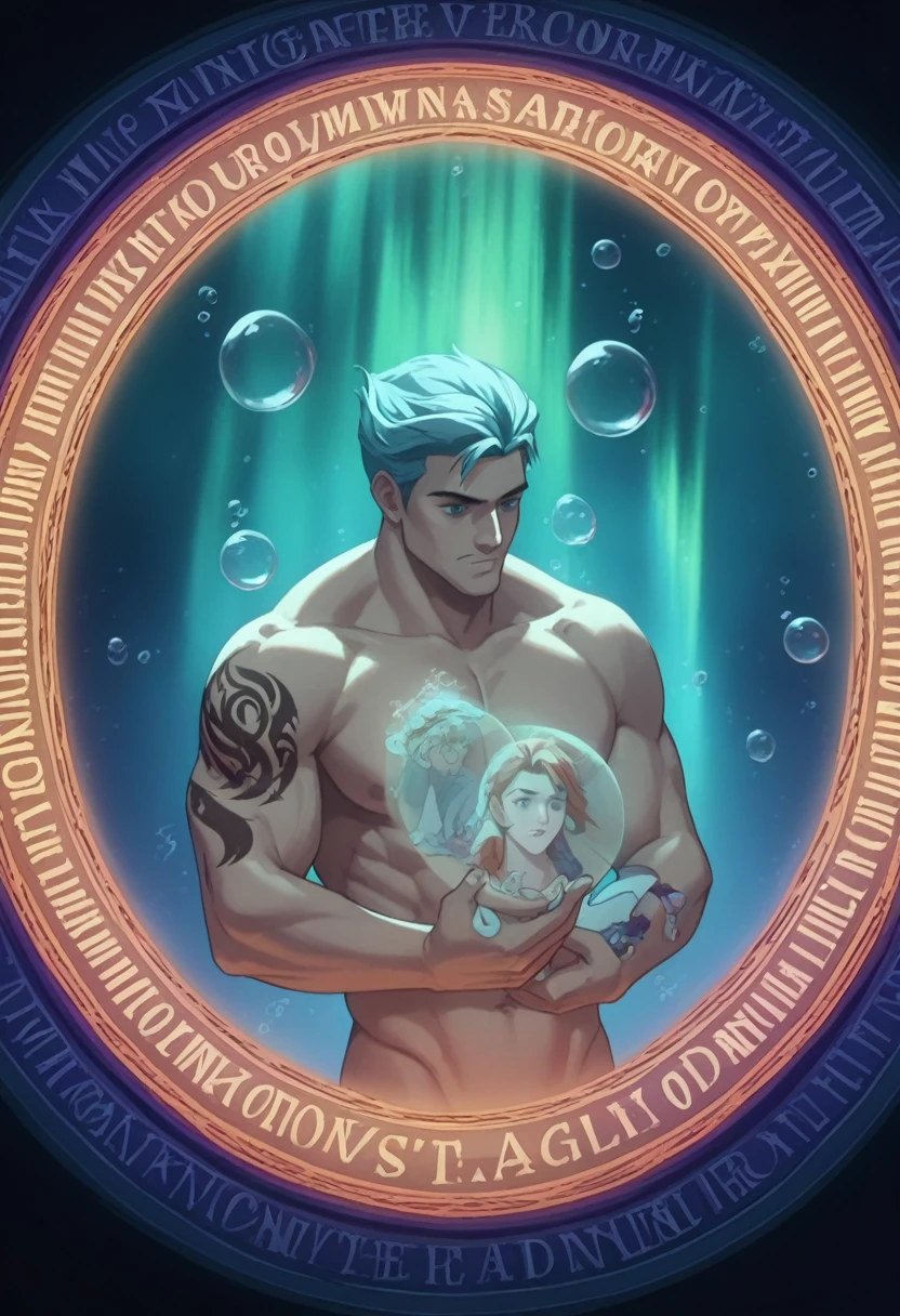 masterpiece, Need for goodness, 1 man, aldult, Mature woman, Tall muscular man, Dark theme, Magic Circle, bubble, Rainbow Sunshine, Underwater, Mirror, Float glass, Rainbow Light, Bubble Swirl, Wind Vortex, aurora, Fantasy Landscape, Starlight around the character, (Upper Body), Naked on Upper Body, Have a unicorn tattoo