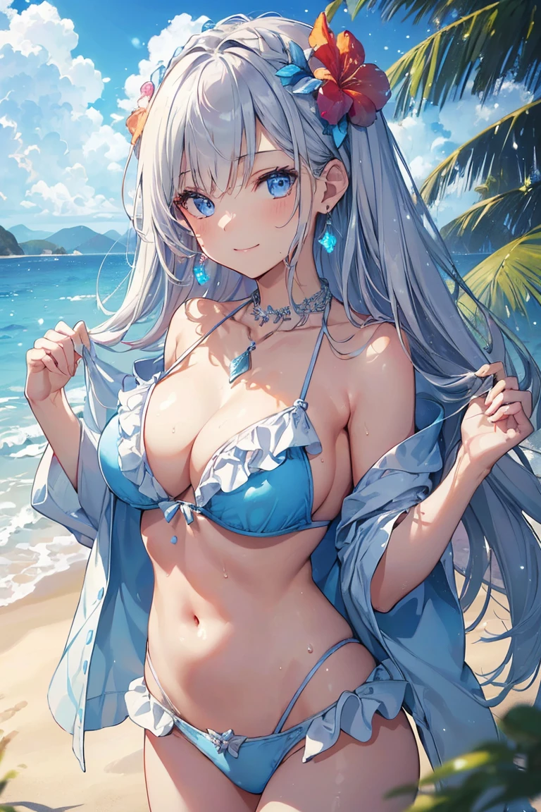 ((High quality, masterpiece, very high resolution, skin with fine details, eyes with fine details), digital painting illustration, 4K image quality, 1 girl, solo, (cute and beautiful girl), , (large breasts), (long silver hair fluttering in the wind), hibiscus hair ornament, (cute and beautiful blue eyes),smile, (white bikini with frills), necklace, earrings, wet body, (beach), blue sky, (glow with beautiful details), light particles, lens flare, film reflections