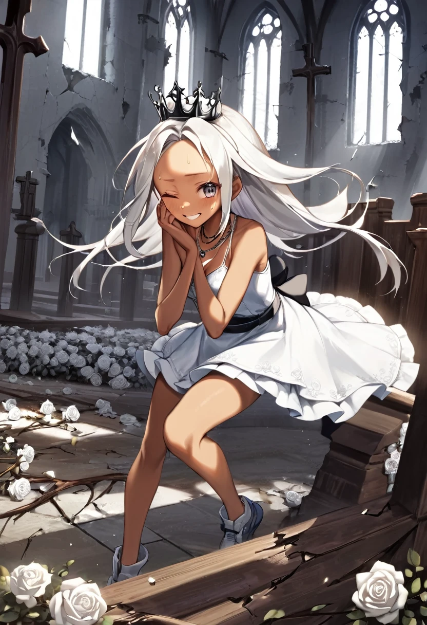 A pale-skinned white-haired girl with gray tones wearing a crown of thorns, from which small drops of blood fall, running across her forehead. Her eyes are completely dark, with an empty expression and a weak smile on her face. She wears a short white dress that reaches her knees. Several silver roses adorn her body, while sharp-thorned roots resemble necklaces, wrapping around her hands and waist. The setting is a ruined church, with cracked walls and broken windows, where light timidly enters. Next to her is an altar holding a cross adorned with several roses. The atmosphere has a melancholic and mysterious air, highlighting the loneliness and the contrast between the girl's beauty and pain.
