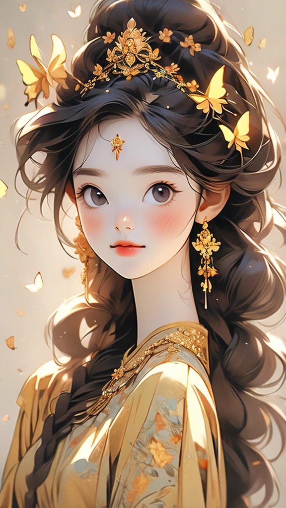 a pretty but beautiful woman wearing gold costume adorned with crown and butterflies, 1girl, jewelry, bug, solo, butterfly, brown hair, long hair, brown eyes, necklace, hair ornament, earrings, tiara, realistic, flower, portrait, looking at viewer, hair flower, grey background, braid, simple background,Cheerful girl