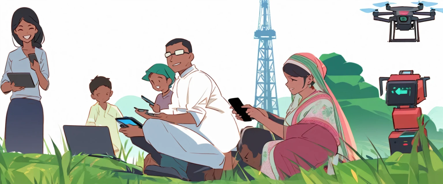 (Bangladesh)), poster image of a vibrant landscape of Bangladesh, where tradition and technology converge, a Smart Village emerges., Smart Village: Bridging Tradition and Technology Connected Community: Villagers embracing the internet and computers, enhancing their daily lives and work. Modern Farming: Farmers utilizing smartphones for better crop management and market access. Tech-Enabled Families: Happy families benefiting from improved communication and education through technology. Innovative Infrastructure: Mobile towers ensuring seamless connectivity, with drones and robots supporting agricultural