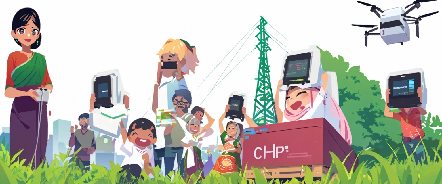 (Bangladesh)), poster image of a vibrant landscape of Bangladesh, where tradition and technology converge, a Smart Village emerges., Smart Village: Bridging Tradition and Technology Connected Community: Villagers embracing the internet and computers, enhancing their daily lives and work. Modern Farming: Farmers utilizing smartphones for better crop management and market access. Tech-Enabled Families: Happy families benefiting from improved communication and education through technology. Innovative Infrastructure: Mobile towers ensuring seamless connectivity, with drones and robots supporting agricultural