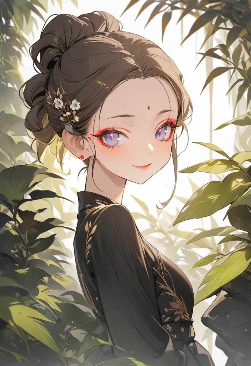 ( best quality:1.2), 1 Girl, forehead,Solitary, Skin details, Beautiful facial features, fluffy hair,makeup,  Eye details, smile,black dress,long sleeves,plant,((complex background))