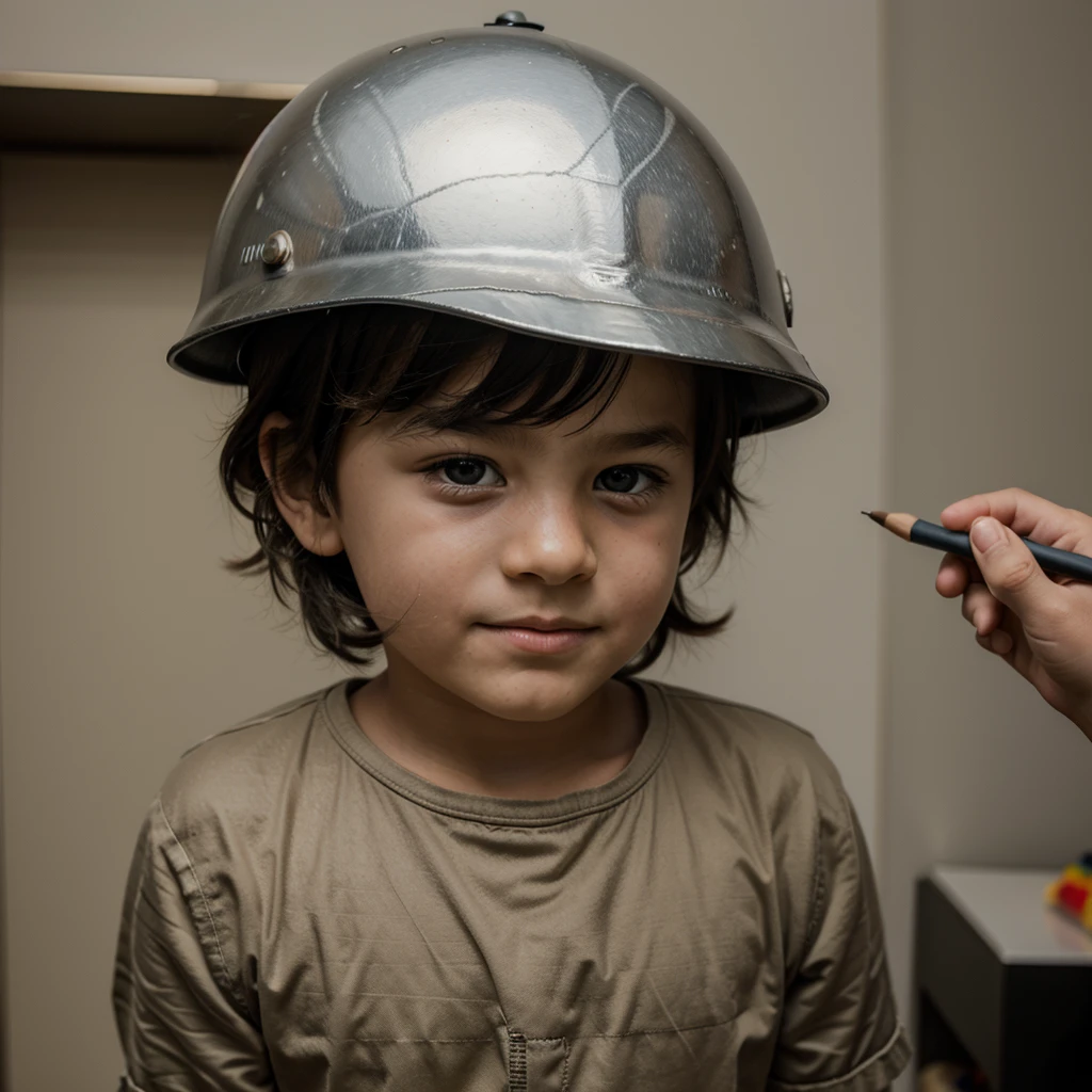 draw me a picture of a 7 year old boy wearing a war helmet