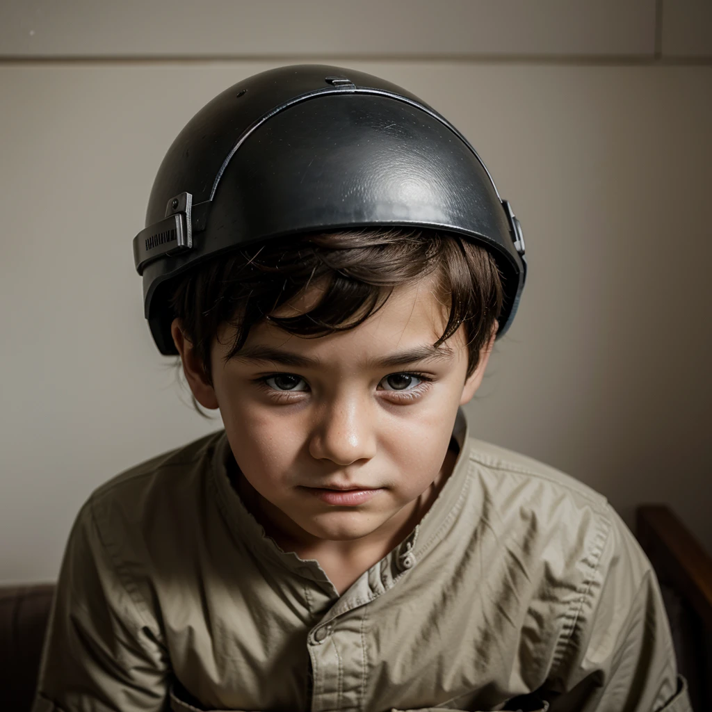 draw me a picture of a 7 boy wearing a war helmet
