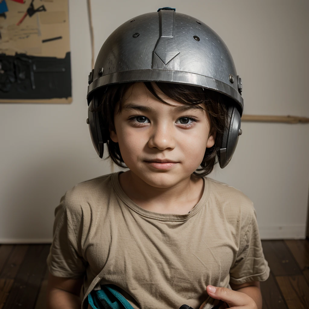 draw me a picture of a 7 year old boy wearing a war helmet