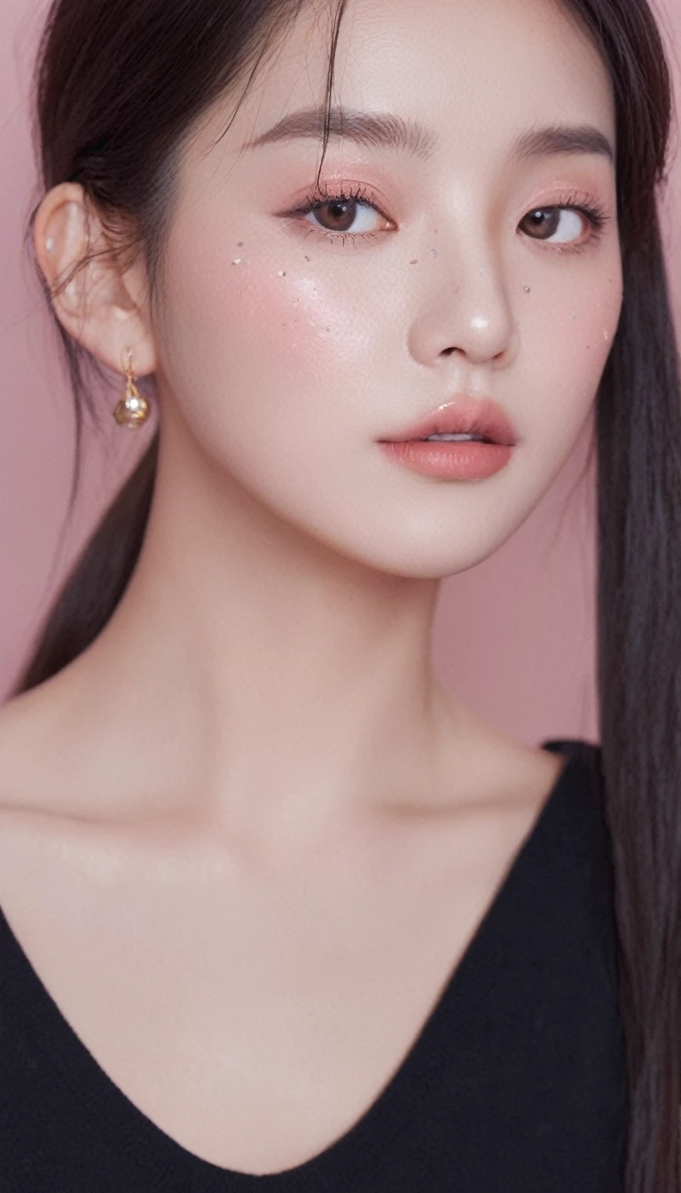 front photo, elegant woman, (Photorealsitic)、(intricate detailes:1.2)、(masterpiece、:1.3)、beauty face, (top-quality:1.4)、(超A high resolution:1.2)、超A high resolution、(A detailed eye)、(detailed facial features), ((Realistic lighting、top-quality、8K、natural light, masterpiece:1.3))、bright photo, Clear focus:1.2、1girl in、flawless beauty:1.4、Superfine Face、 woman kitty bandt and sweater, gorgeous young korean woman, beautiful young korean woman, beautiful south korean woman, korean girl, ulzzang, lovely delicate face, young adorable korean face, popular korean makeup, beautiful asian girl, girl cute-fine-face, korean woman, sakimichan, popular south korean makeup, big Narrow-eyed、double eyelid、photos realistic, perfect eyes, perfect skin, detailed skin, detailed face, looking viewer, front view, potrait, raw photo, simple soft pink background, (intricate detailed skin textured:1.4) front view, looking viewer, clear face, 1 girl、porate、Bright and very beautiful face、beautiful girl, A stunning close-up portrait showcasing the beauty of a Korean model. The composition features soft, natural lighting , bright eyes, and striking cheekbones. Her glossy, The background is simply black background, wear black sweetshirt, neat hair, long hair, instagram model, profil picture, bright and natural