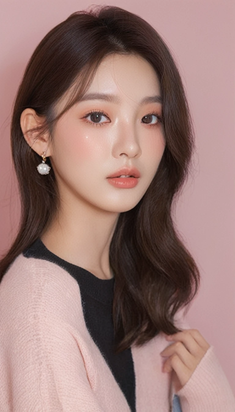 front photo, elegant woman, (Photorealsitic)、(intricate detailes:1.2)、(masterpiece、:1.3)、beauty face, (top-quality:1.4)、(超A high resolution:1.2)、超A high resolution、(A detailed eye)、(detailed facial features), ((Realistic lighting、top-quality、8K、natural light, masterpiece:1.3))、bright photo, Clear focus:1.2、1girl in、flawless beauty:1.4、Superfine Face、 woman kitty bandt and sweater, gorgeous young korean woman, beautiful young korean woman, beautiful south korean woman, korean girl, ulzzang, lovely delicate face, young adorable korean face, popular korean makeup, beautiful asian girl, girl cute-fine-face, korean woman, sakimichan, popular south korean makeup, big Narrow-eyed、double eyelid、photos realistic, perfect eyes, perfect skin, detailed skin, detailed face, looking viewer, front view, potrait, raw photo, simple soft pink background, (intricate detailed skin textured:1.4) front view, looking viewer, clear face, 1 girl、porate、Bright and very beautiful face、beautiful girl, A stunning close-up portrait showcasing the beauty of a Korean model. The composition features soft, natural lighting , bright eyes, and striking cheekbones. Her glossy, The background is simply black background, wear black sweetshirt, neat hair, long hair, instagram model, profil picture, bright and natural