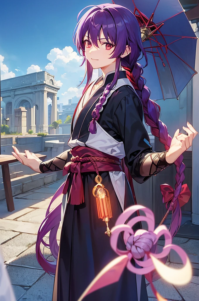 (((Purple Hair、Dye the inside of your hair red、Long Hair、Knot、Braid、Bright red eyes)))A man wearing a black robe、Smiling young man、Man standing facing forward、（（（Boy standing with a stick）（The umbrella is closed）、（White background）、{{masterpiece}}, The best quality of life、（Gintama、divinity、arms）