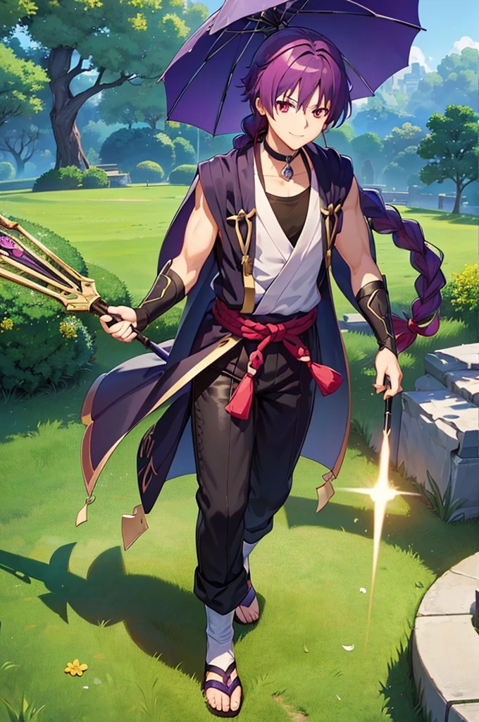 (((Purple Hair、Dye the inside of your hair red、Long Hair、Knot、Braid、Bright red eyes)))A man wearing a black robe、Smiling young man、Man standing facing forward、(((Boy standing with a stick)(The umbrella is closed)、(White background)、{{masterpiece}}, The best quality of life、(Gintama、divinity、arms)