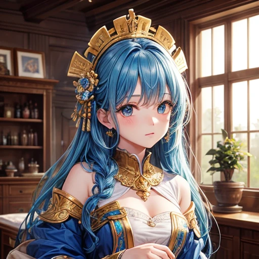 Highest quality,Very detailed,masterpiece,Super detailed,figure,Blue Hair ,hair ornaments,stand,indoor,can't believe it_Absurd,One girl,Mid-chest,Red nose ,Realistic,Long Hair,summer_dress,Garter Straps,beautiful girl,Waving SV98
