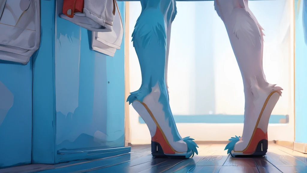 Miku Hatsune, add high definition_detail:1, blue fur, barefoot only seen in her paws, legs open, white discharge drips on the floor, just focus on your feet, white spot under it , 2 pairs of legs add_detail:1, white mucus runs down his calf add_detail:1, underwear on your ankles add_detail, glory hole
