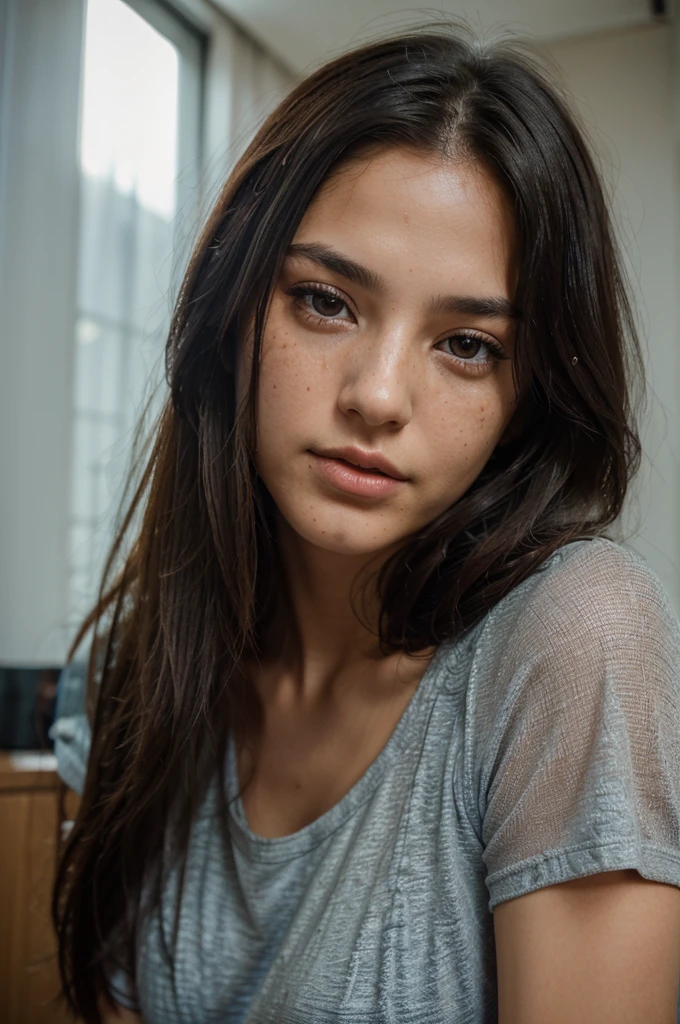 4m4nd4s-v2 really beautiful picture, 1 woman, lonely, black hair, long hair, Really usable, looking at the audience, whole body, lips, mole, simple background, shirt, shut your mouth, freckles, blue background, brown eyes, black eyes, nose,Really usable, soft light, professional photography, PhotoReally usable, details, raw, Simulation, clear focus, 8K, HD, DSLR camera, High quality, Fuji XT3, Film texture, Award-winning, Masterpiece, Take off your mask.
