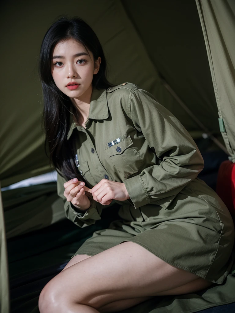 8K, best quality, Extremely detailed:1.37), A beautiful 18 year old Korean girl, Wearing the uniform with pride, Representing her role as a soldier. She was wearing a fitted olive green dress. High-resolution images capture ultra-detailed realism,s determined expression, Sharp eyes, and a confident attitude. The background shows a tent military base, Adds authenticity and meaning to the image. This visually striking representation showcases 艾莉安娜's strength and dedication as a soldier.