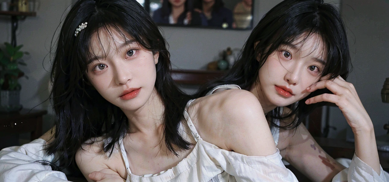 Film portrait photography, 2 girls, 2 girls,twin,bare shoulders, Shoulder length wavy hair, Snow-white cheongsam,Big breasts ,(Realistic and detailed eyes, natural skin texture, Realistic facial details),, depth of field, Bokeh, Vibrant details, Detailed and detailed, Surrealism, 35mm film, hazy, ,Selfie,