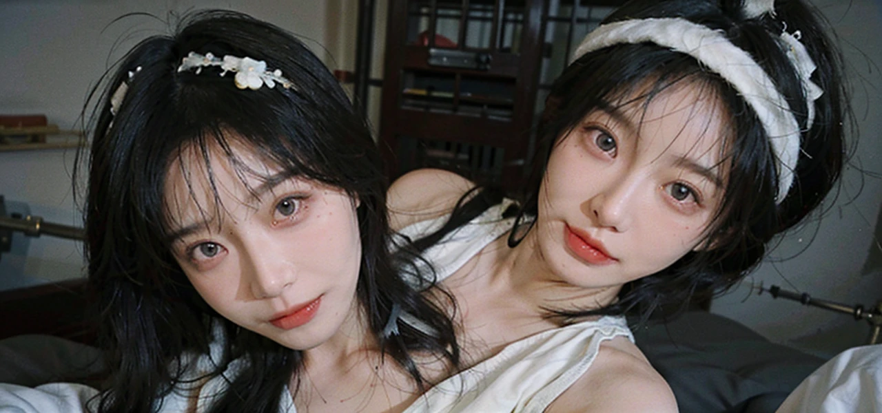 Film portrait photography, 2 girls, 2 girls,twin,bare shoulders, Shoulder length wavy hair, Snow-white cheongsam,Big breasts ,(Realistic and detailed eyes, natural skin texture, Realistic facial details),, depth of field, Bokeh, Vibrant details, Detailed and detailed, Surrealism, 35mm film, hazy, ,Selfie,