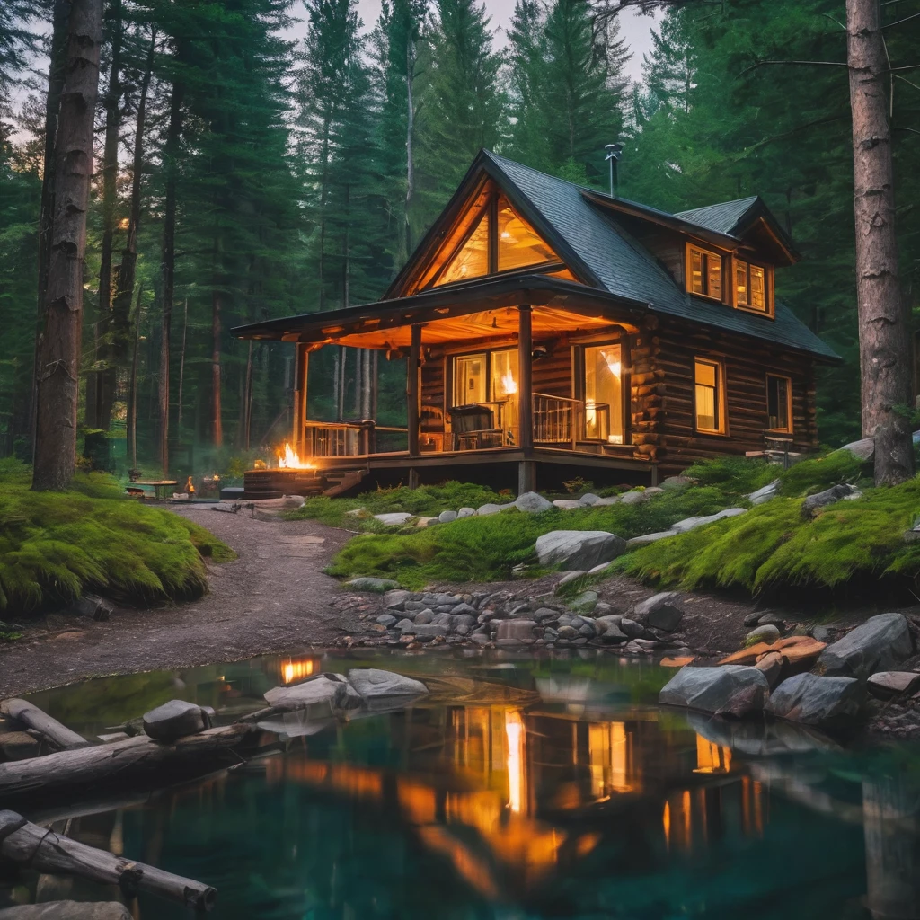 a wooden cabin with a fire pit in the middle of a forest, a brick cabin in the woods, cottage in the woods, cabin in the woods, log cabin, by Jason Benjamin, cottagecore, wood cabin in distance, cottage in the forest, cozy place, idyllic cottage, by Drew Tucker, by Morgan Russell, in a cabin