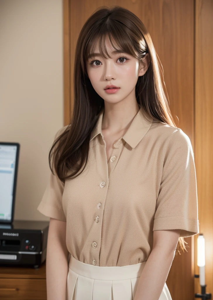（Realisticな, photo-Realisticな:1.37),(8K, RAW Photos, 最high quality, masterpiece:1.2), Ultra-detailed, 超High resolution, Kodak Vision Color, Filmed with an Arricam LT camera,最high quality, Lively, 8K, High resolution, 1 female, Japanese、Escape, (Professional Lighting), (Portraiture:0.6), Has bangs、Brown Hair, (Medium Hair）,23 years old、(masterpiece), (Very complicated:1.3), (Realistic),high quality,High resolution,16K,Sharp Lines,One girl,office、Company uniform、I&#39;m working、office街、With documents、都会のoffice、building、meeting、Inside the company、Receptionist、officeチェアに座って、