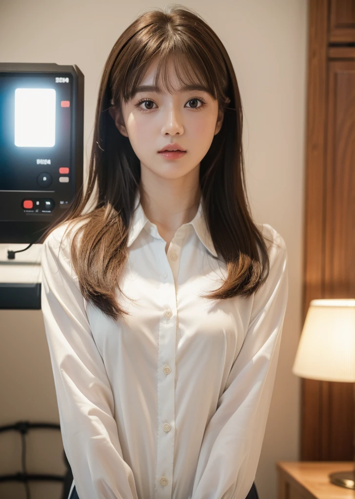 (Realisticな, photo-Realisticな:1.37),(8K, RAW Photos, 最high quality, masterpiece:1.2), Ultra-detailed, 超High resolution, Kodak Vision Color, Filmed with an Arricam LT camera,最high quality, Lively, 8K, High resolution, 1 female, Japanese、Escape, (Professional Lighting), (Portraiture:0.6), Has bangs、Brown Hair, (Medium Hair),23 years old、(masterpiece), (Very complicated:1.3), (Realistic),high quality,High resolution,16K,Sharp Lines,One girl,office、Company uniform、I'm working、office街、With documents、都会のoffice、building、meeting、Inside the company、Receptionist、officeチェアに座って、
