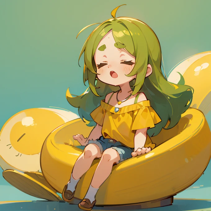 (masterpiece, Highest quality:1.2), (2 head body chibi character:1.1), Yellow-green hair, Long Hair, Top of the head, Closed eyes, Yellow off-shoulder blouse, Denim shorts, Short bangs, Thick eyebrows, Round necklace, A gentle atmosphere, Sleepy face, Yawning, (Photo studio with blue background:1.0)