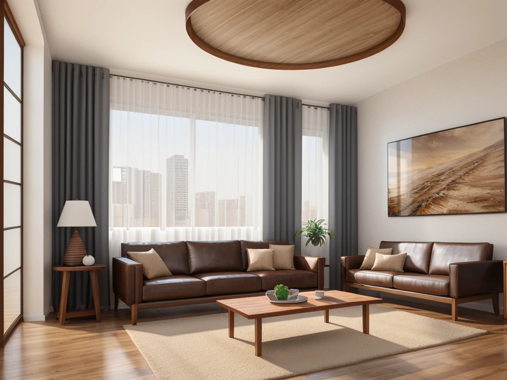 interior living room, modern styles, (television shelf), leather sofa, rug, two picture, wooden floor,  white ceiling, window, curtain, natural lighting, 
best quality, Masterpiece, Realistic, High quality, corona render, 3dsmax, vray,
