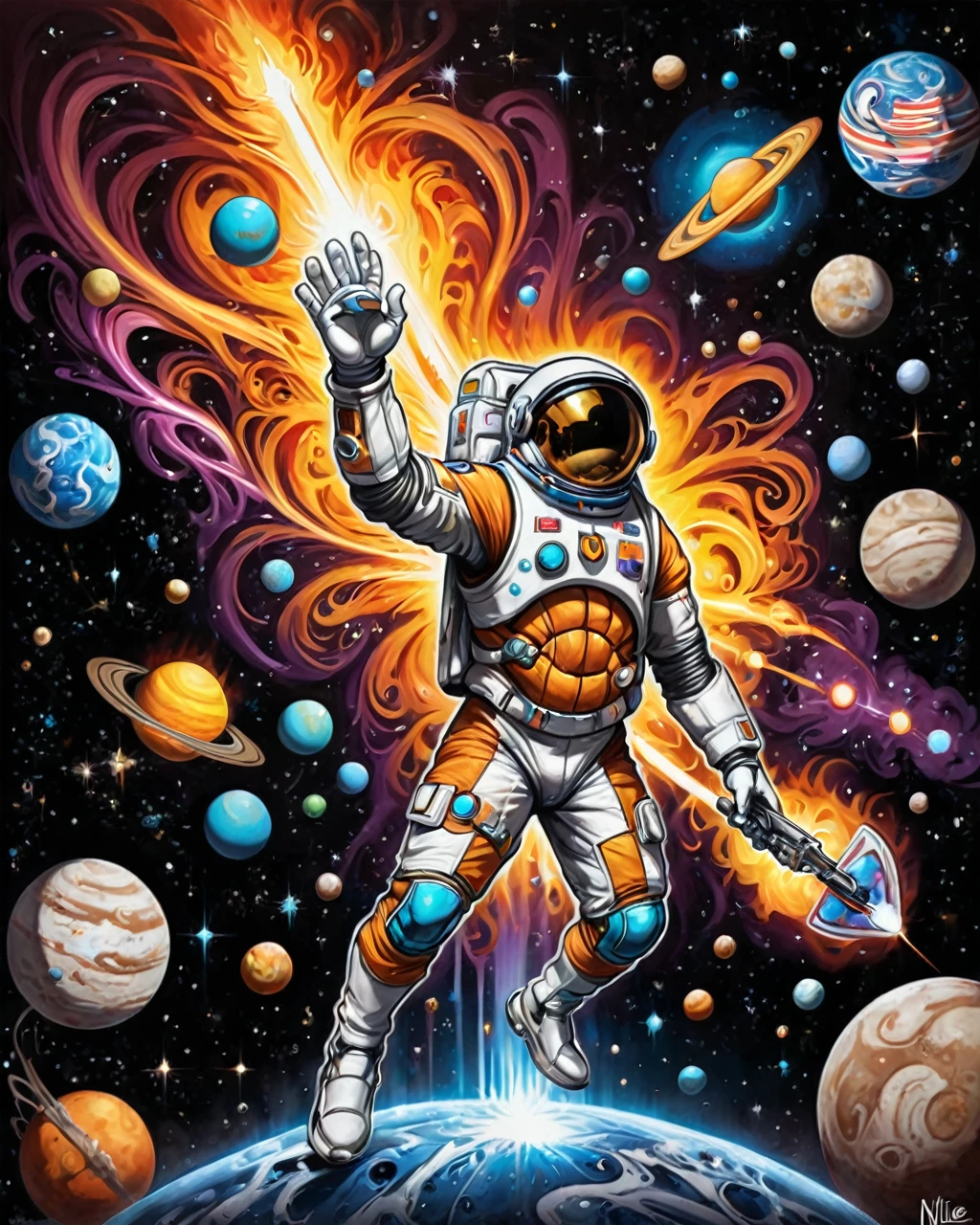 a man Uptight Outer space from inside of a Niue, art