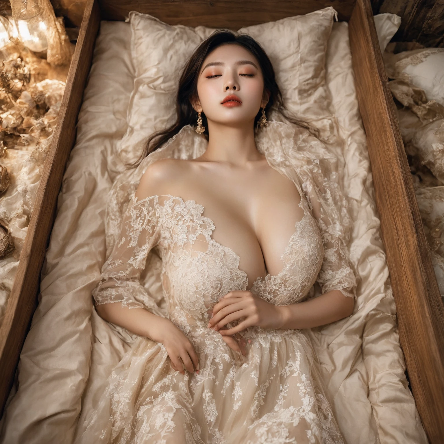 A provocative and sensual image unfolds before us. A Korean girl, 22 years old, lie asleep in a deep, wooden black BOX coffin surrounded by plush pillows. They wear golden see-through dresses with lace details, off-shoulder designs, sleeve, and huge skirts that cascade around their bodies. The dresses are cut low to showcase their beautiful breasts, fixed with a subtle cleavage cutout. Their faces are flawless, with perfect eyebrows, eyelashes, and skin tone. One girl's hair is styled in a ponytail with bangs framing her face, while the other has a bun adorned with wisps of hair framing her closed eyes. The overall atmosphere is one of intimacy and sensuality, with saturated colors enhancing the mood. Note the visible breasts and perfectly manicured hands that peek out from beneath the skirts, which are strategically covered to conceal their legs, ba11g0wn