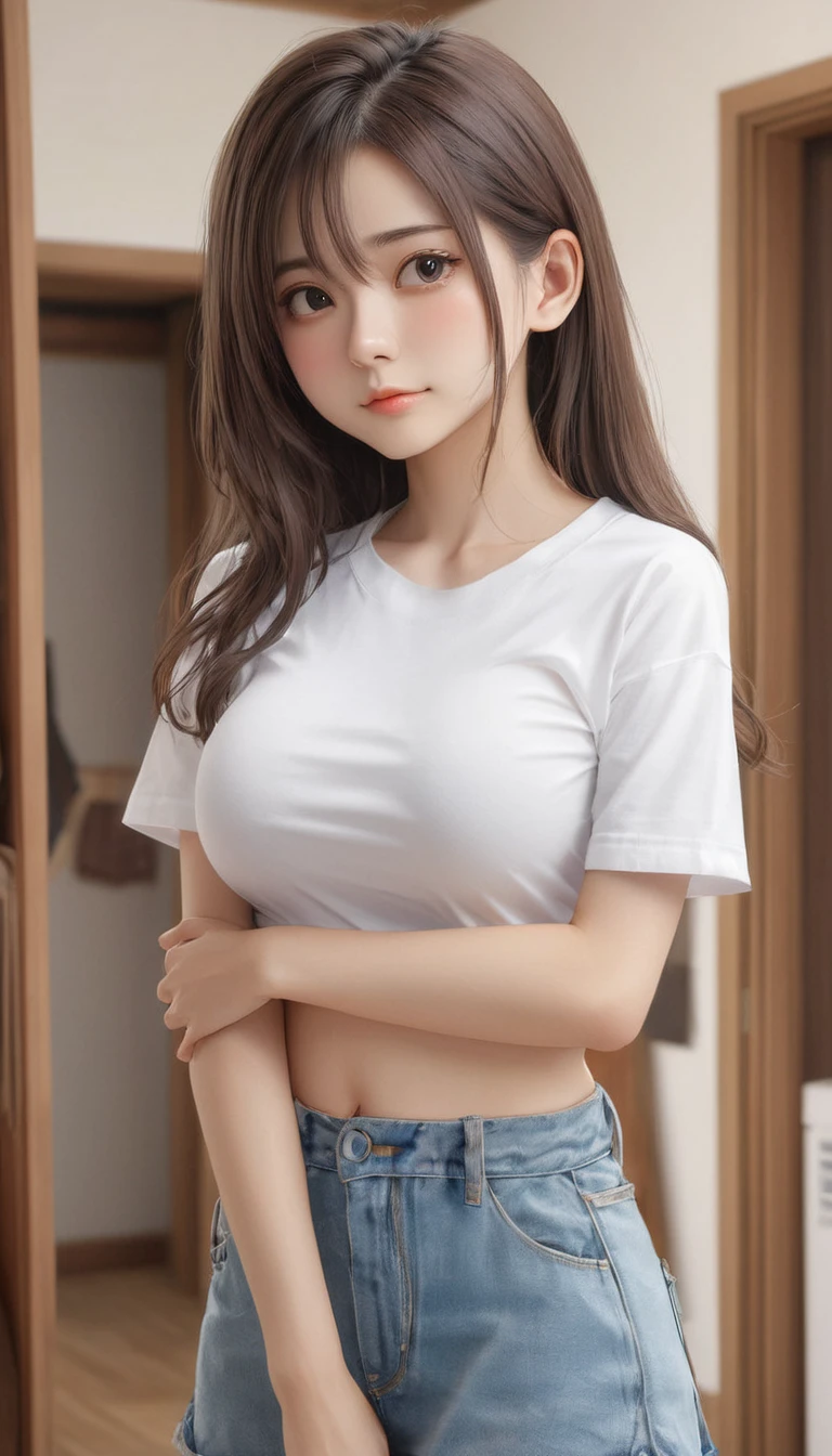 (masterpiece, Highest quality:1.2), One girl, alone,bony body、15 years old、(masterpiece, Highest quality:1.2), One girl, alone,bony body、15 years old、master piece , best quality , detailed , (woman face) , (breast hold:1.4) , t-shirt ,, room , indoor