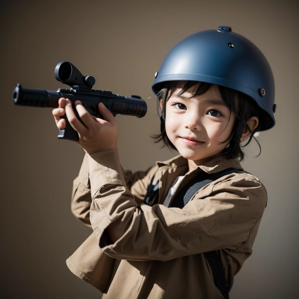draw me a picture of a 7 boy wearing a war helmet and holding a firearm