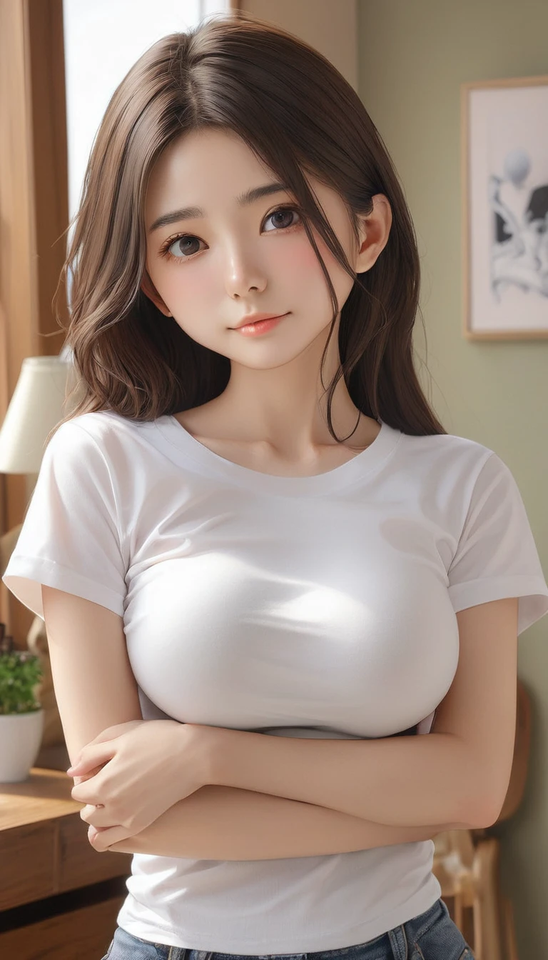 (masterpiece, Highest quality:1.2), One girl, alone,bony body、15 years old、(masterpiece, Highest quality:1.2), One girl, alone,bony body、15 years old、master piece , best quality , detailed , (woman face) , (breast hold:1.4) , t-shirt ,, room , indoor