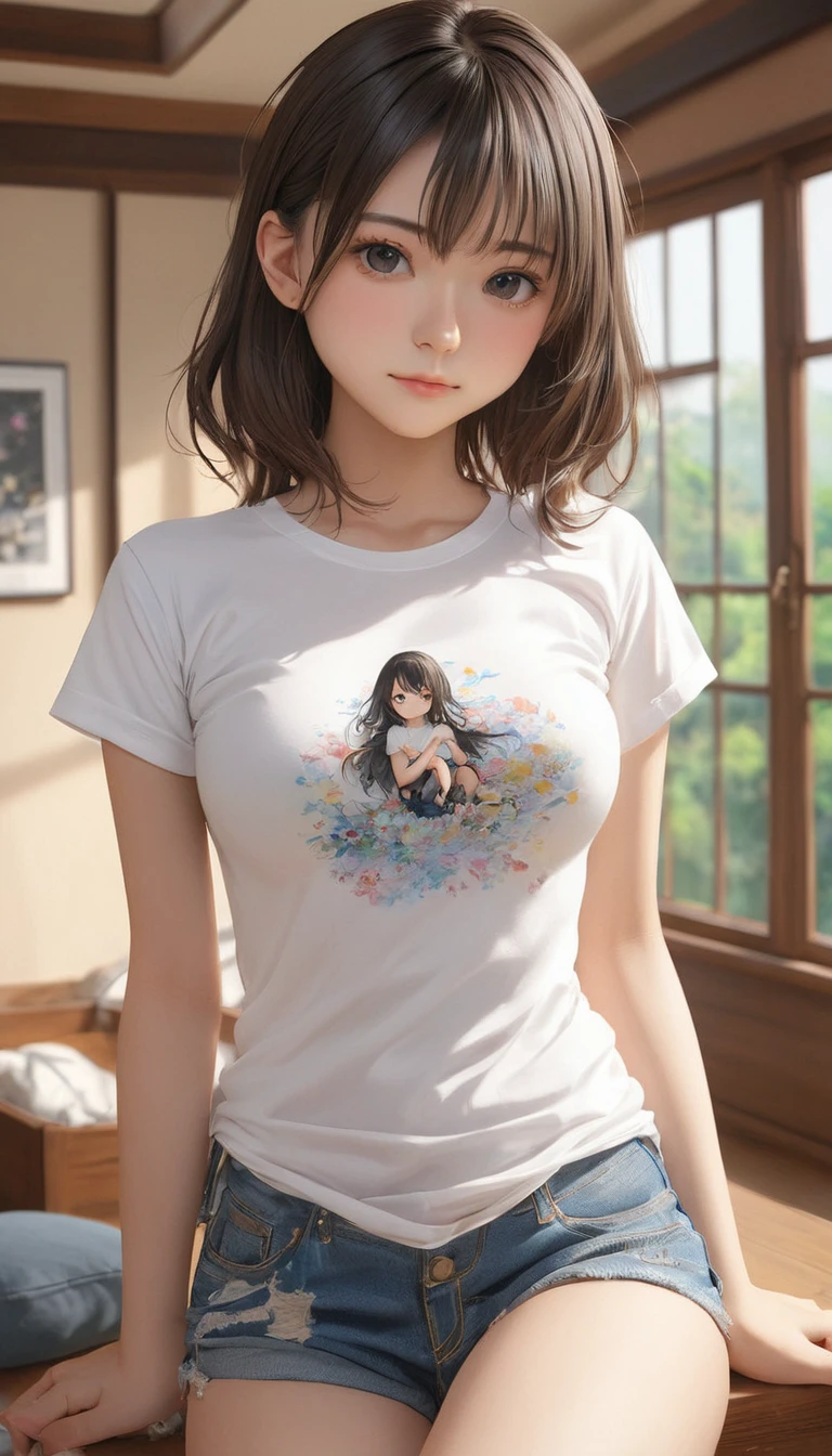 (masterpiece, Highest quality:1.2), One girl, alone,bony body、、(masterpiece, Highest quality:1.2), One girl, alone,bony body、15 years olde , best quality , detailed , (woman face) , (breast hold:1.4) , t-shirt ,, room , indoor