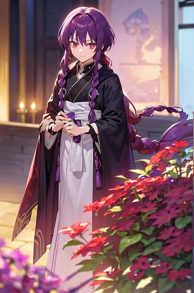 (((Purple Hair、Dye the inside of your hair red、Long Hair、Knot、Braid、Bright red eyes)))A man wearing a black robe、Smiling young man、Man standing facing forward、(((Boy standing with a stick)、(White background)、{{masterpiece}}, The best quality of life、(Gintama、divinity、arms)