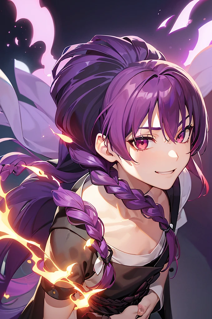 (((Purple Hair、Dye the inside of your hair red、Long Hair、Knot、Braid、Bright red eyes)))A man wearing a black robe、Smiling young man、Man standing facing forward、(((Boy standing with a stick)、(White background)、{{masterpiece}}, The best quality of life、(Gintama、divinity、arms)