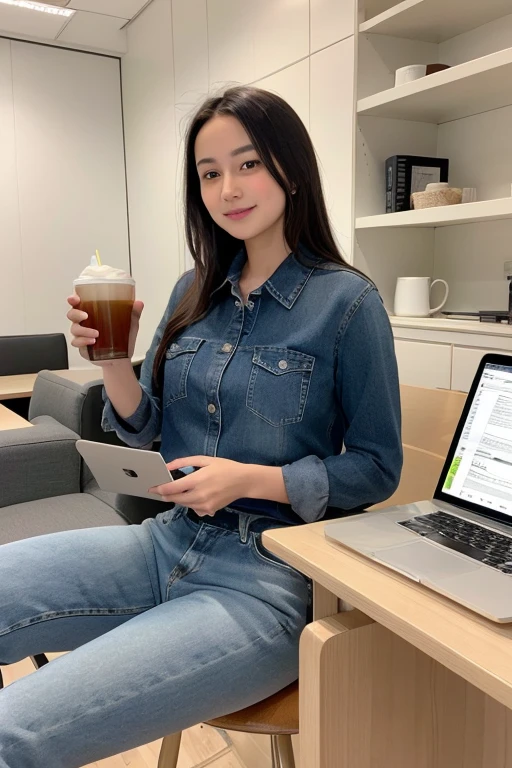 network marketing image having laptop and tea in left hand with luxury offices with girl wearing jeans and shirt