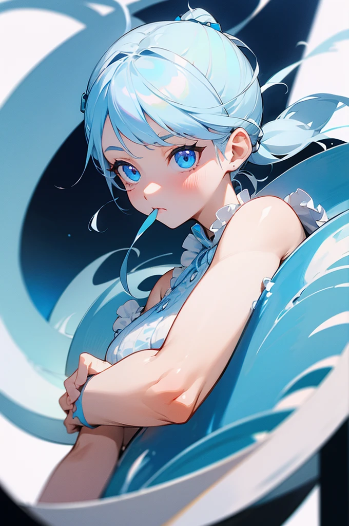White and blue hair、Ponytail with blue spiral、 face、I can see the side、Frilly on the cuffs of your clothes、Lower body naked、indoor、Empty bottle