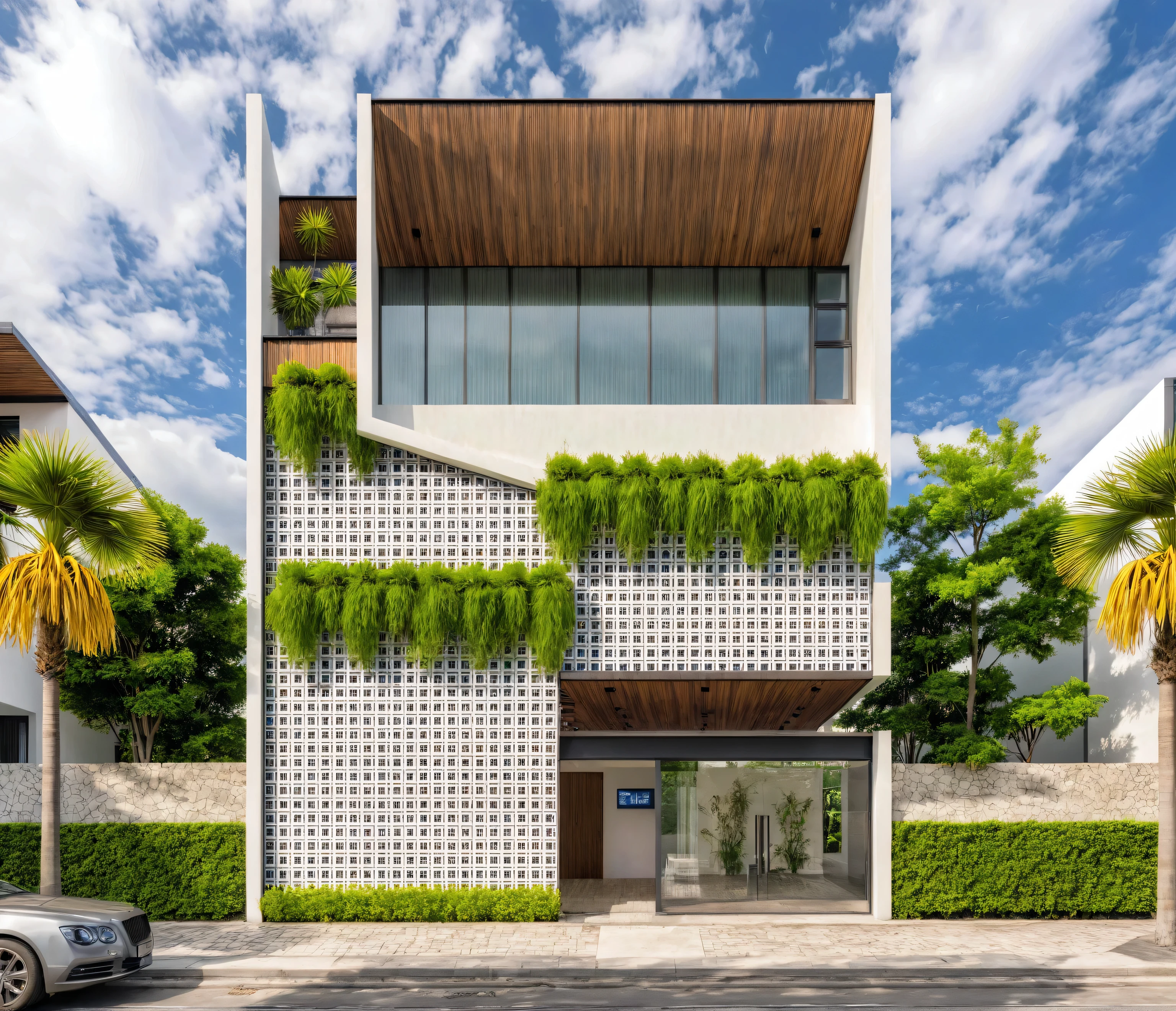 Masterpiece, high quality, best quality, authentic, super detail, outdoors, house style modern,bietthuhn, white wall, glass windows, gate road,pavement, grass, trees,blue sky, cloud, (day:1.1), realistic lighting