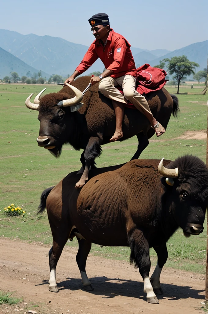 Animated image of kp oli riding buffalo 