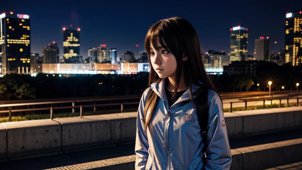 young anime girl 20 years old. Alone. sad expression, teary eyes, It sleets, city background.