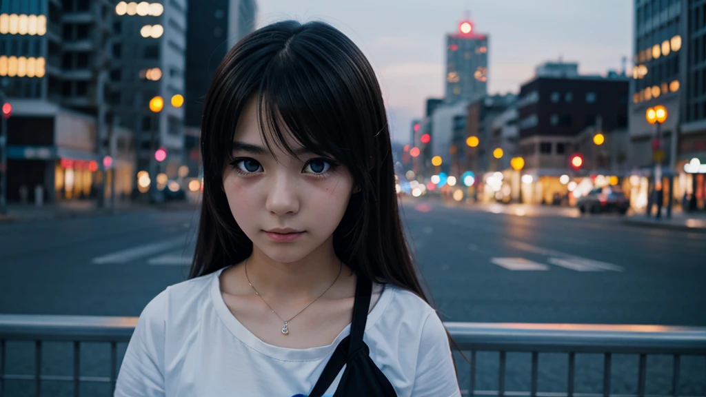 young anime girl 20 years old. Alone. sad expression, teary eyes, It sleets, city background.