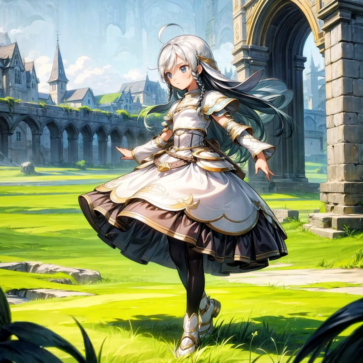 1childern girl, Full body version, 1character, children version, blue eyes color, long haircut, white and yellow colour hair, medieval style clothing, Grassroots, background in green field, motion blur