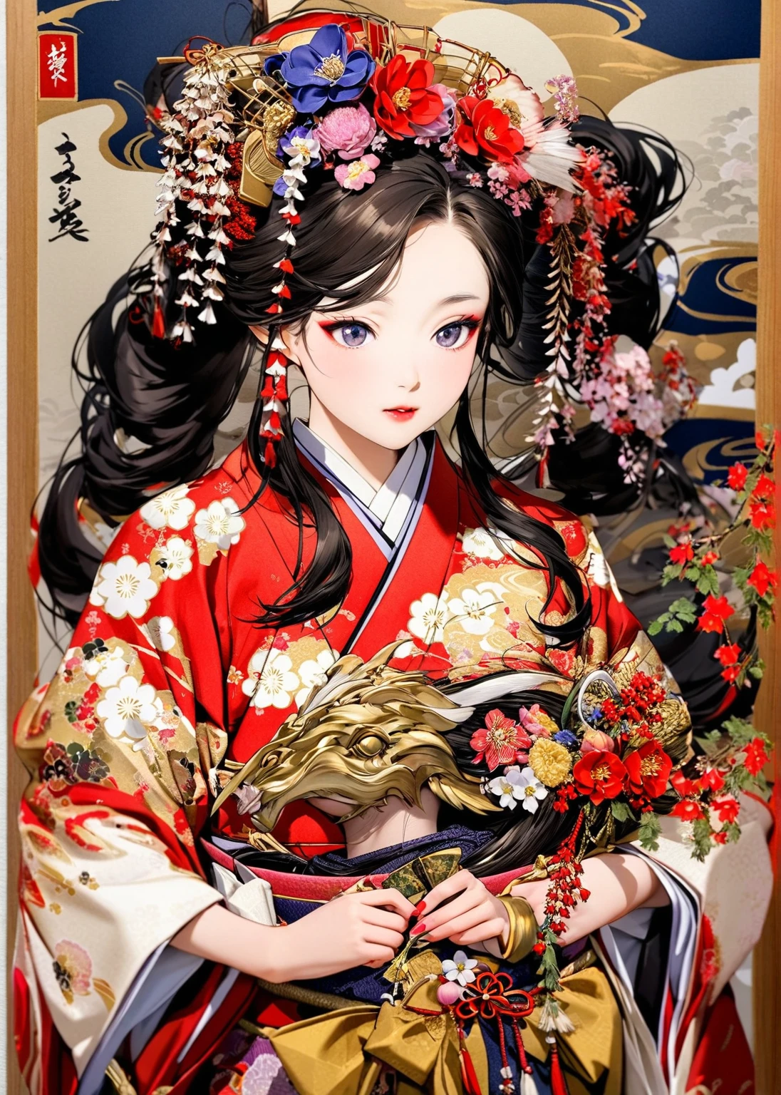 A 12-year-old princess wearing a red kimono and a flower crown, Traditional Japanese, traditional geisha clothing, Japanese women, Wearing Imperial Kimono, japanese geisha, geisha photo portrait, female geisha girl, elegant Japanese women, Japanese Kimono, In kimono, Traditional beauty, Wearing kimono and armor, portrait of geisha, wearing a haori, geisha　She gets an old man&#39;s dick shoved in her pussy