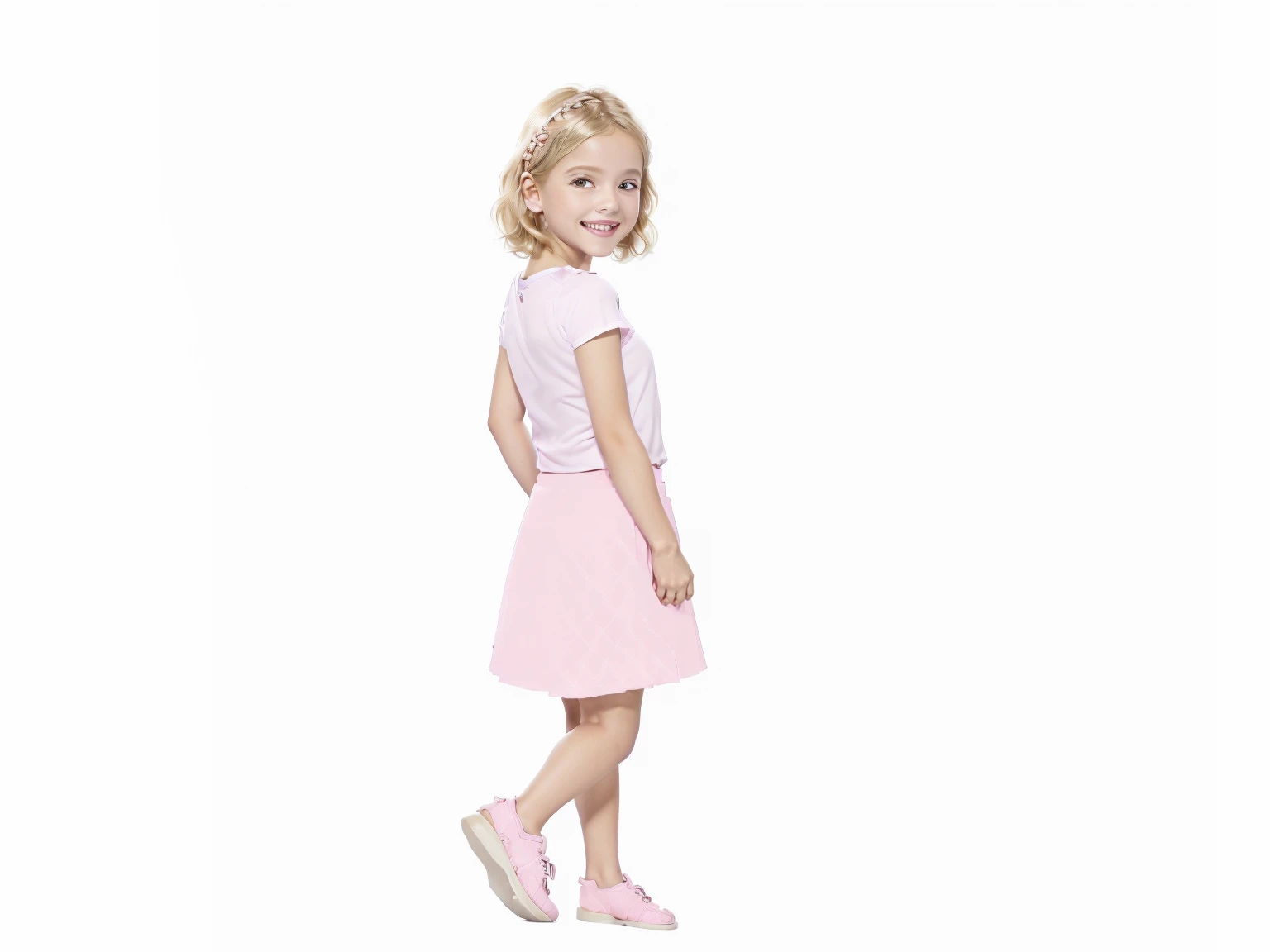one,5--old l,6-year-olrl,(f chest)(Pink skirt)best quality,8K,high resolution,masterpiece,Super Detailing,Realistically,Live photos,photo lifelike,Live photos,(Look back and smile:1.37),(Blonde short hair)(有着Blonde short hair:1.37),Moments of honesty,hapiness,smile back:4,Foot on foot,Walked,Adobe Stock,picture,Interesting background,Summer sunshine,First-person perspective,Beautiful light,by the road,Neat flower base/4.0, Sony FE GM, Macro photos, 8K, Super Detail, precise, best quality