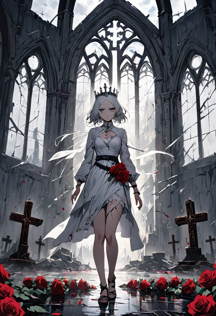 A pale-skinned white-haired girl with gray tones wearing a crown of thorns, from which small drops of blood fall, running across her forehead. Her eyes are completely dark, with an empty expression and a weak smile on her face. She wears a short white dress that reaches her knees. Several silver roses adorn her body, while sharp-thorned roots resemble necklaces, wrapping around her hands and waist. The setting is a ruined church, with cracked walls and broken windows, where light timidly enters. Next to her is an altar holding a cross adorned with several roses. The atmosphere has a melancholic and mysterious air, highlighting the loneliness and the contrast between the girl's beauty and pain.