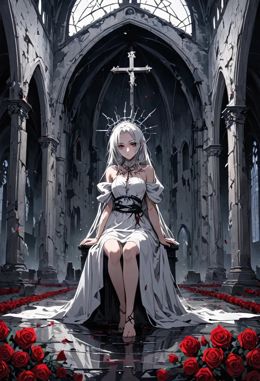 A pale-skinned white-haired girl with gray tones wearing a crown of thorns, from which small drops of blood fall, running across her forehead. Her eyes are completely dark, with an empty expression and a weak smile on her face. She wears a short white dress that reaches her knees. Several silver roses adorn her body, while sharp-thorned roots resemble necklaces, wrapping around her hands and waist. The setting is a ruined church, with cracked walls and broken windows, where light timidly enters. Next to her is an altar holding a cross adorned with several roses. The atmosphere has a melancholic and mysterious air, highlighting the loneliness and the contrast between the girl's beauty and pain.