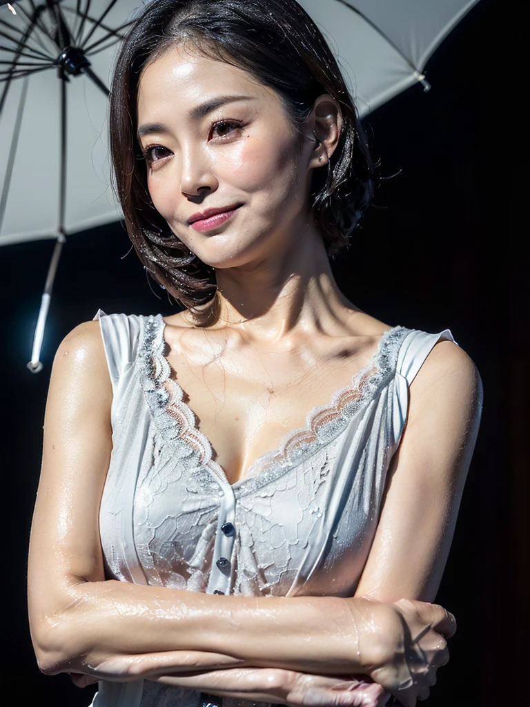 cinematic, Blue hour, (((Ultimate ultra Photorealistic, ultimate high-quality 32k photo))),(((An American shot photo, crossed arms, a40yo ultimate beautiful &cute Japanese actress, looking at viewer:1.5))),(((She has a very intelligent and ultimate beautiful Japanese face&black eyes, pointy nose, ultra detailed face, oval face, very blushing cheeks, ultimate well-proportioned face, seductive smile))),((black elegant wet short bob, very light naturally makeup)),(((She has the ultimately perfect nice&Sensual proportions, very just fitted v-neck half sleeve white elegant lacy business buttonless Open-collar very wet blouses , white beautiful ultimate realistic glossy wet Japanese lady Fair and beautiful sweaty skin , A simple and modest silver necklace,Stormy Summer very Humid and Hot very dark Night ,Tokyo business night office street)))