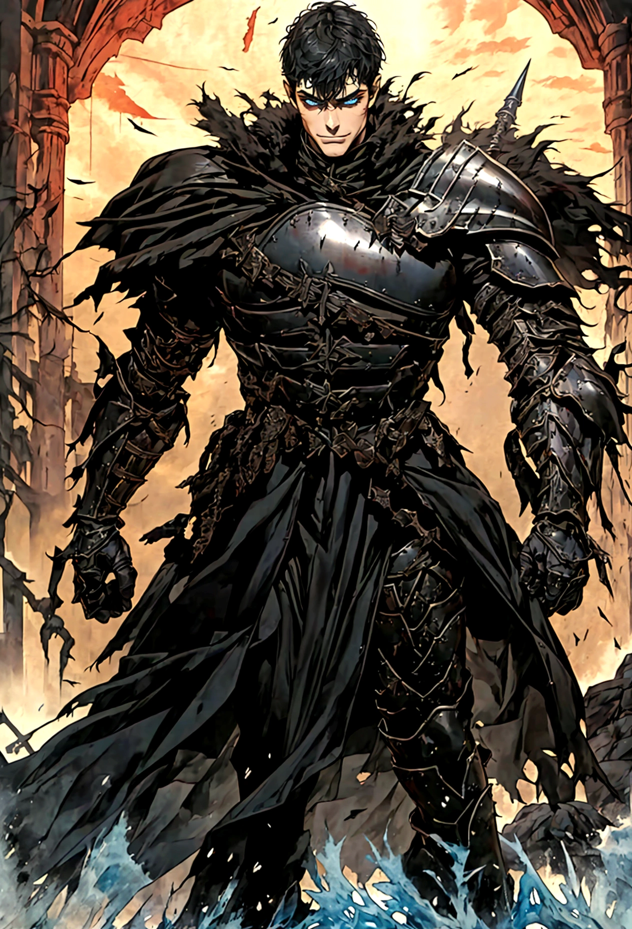 warm sunlight，valley，Thick fog,soft light，คนhandsome，armor, Picture of Araafed of a male anime character with a sword., raymond swanland style, armorสีดำ, armorมืด, สวมชุดarmorหนักและดาบ, berserk skullknight armorสีดำ, Excellent and neat character art, Inspired by Raymond Swanland, นักรบหุ้มarmor, strong Fantasy Knight, Fantasy Warrior, Fantasy Knight, Fantasy Warrior in full armor ชายหนุ่มผู้เงียบสงบและมีเสน่ห์, 30 years old, smile, gag, Portrait, Highly detailed face, 寒さとsmile, ((blue eyes)), ((black short hair)), [Thick eyebrows], battlefield, ((black long coat)), ((all black)), (blue eyes) ,Short Black Quiff Hair with Soft Fringe, handsome , muscle, Facial expressions, ชุดarmorอัศวินสีดํา (armorสีดำล้วน) , black fur shawl(Masterpiece,best quality,special, (Broad shoulders)) (muscle), male focus, Hand Held Weapons (Crescent repeater),Lipo,Fang Tian Hua Ji, attack posture. , Details of his repeater, Characteristics and characteristics of monsters, and convey the tension and power of the encounter.."