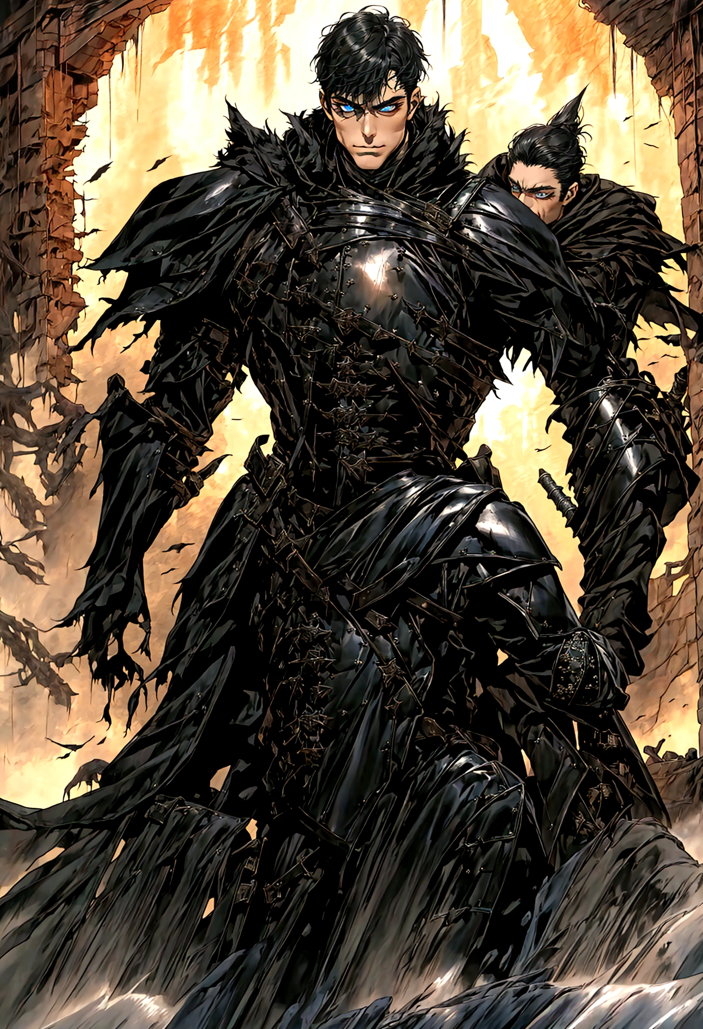 warm sunlight，valley，Thick fog,soft light，คนhandsome，armor, Picture of Araafed of a male anime character with a sword., raymond swanland style, armorสีดำ, armorมืด, สวมชุดarmorหนักและดาบ, berserk skullknight armorสีดำ, Excellent and neat character art, Inspired by Raymond Swanland, นักรบหุ้มarmor, strong Fantasy Knight, Fantasy Warrior, Fantasy Knight, Fantasy Warrior in full armor ชายหนุ่มผู้เงียบสงบและมีเสน่ห์, 30 years old, smile, gag, Portrait, Highly detailed face, 寒さとsmile, ((blue eyes)), ((black short hair)), [Thick eyebrows], battlefield, ((black long coat)), ((all black)), (blue eyes) ,Short Black Quiff Hair with Soft Fringe, handsome , muscle, Facial expressions, ชุดarmorอัศวินสีดํา (armorสีดำล้วน) , black fur shawl(Masterpiece,best quality,special, (Broad shoulders)) (muscle), male focus, Hand Held Weapons (Crescent repeater),Lipo,Fang Tian Hua Ji, attack posture. , Details of his repeater, Characteristics and characteristics of monsters, and convey the tension and power of the encounter.."