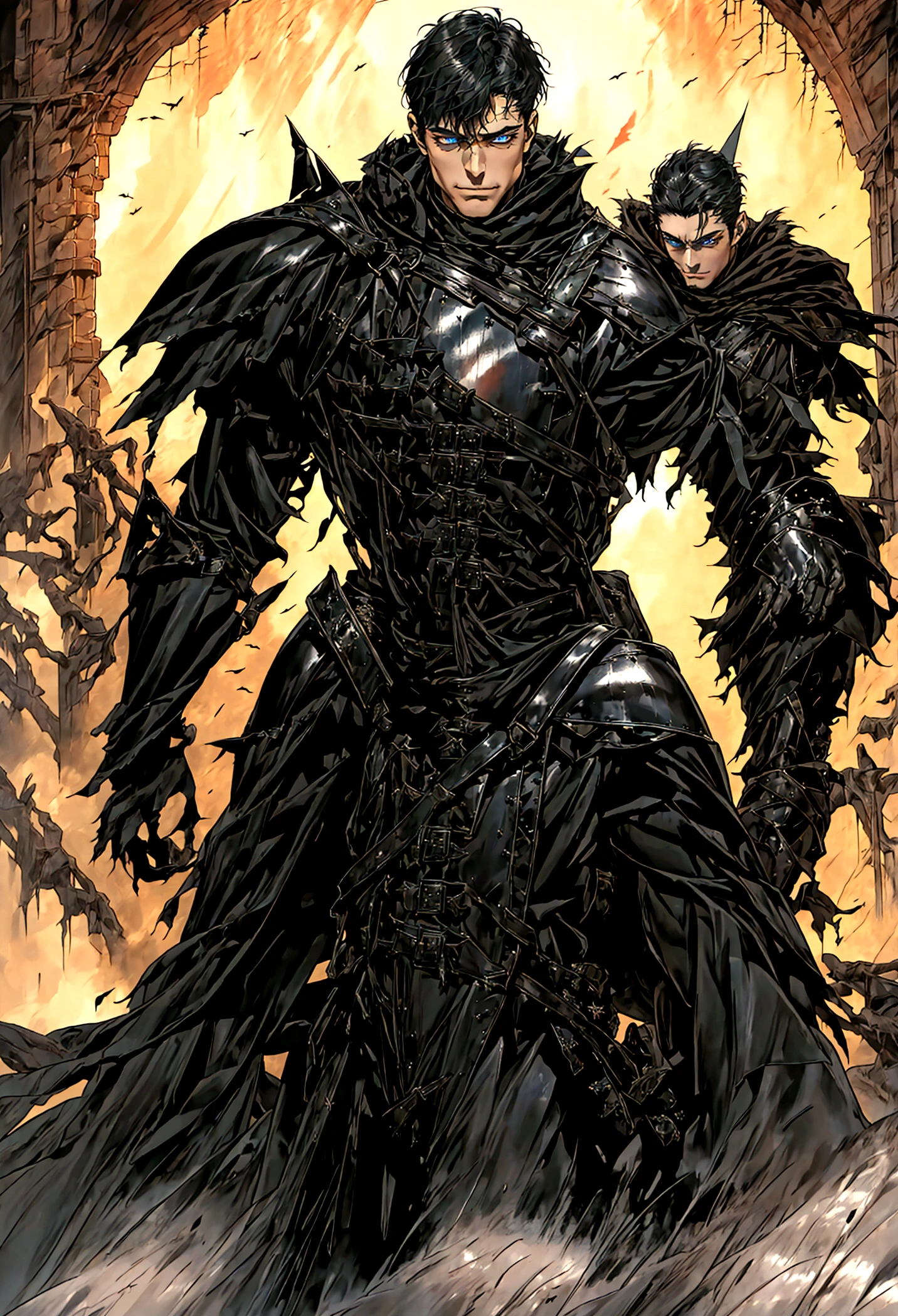 warm sunlight，valley，Thick fog,soft light，คนhandsome，armor, Picture of Araafed of a male anime character with a sword., raymond swanland style, armorสีดำ, armorมืด, สวมชุดarmorหนักและดาบ, berserk skullknight armorสีดำ, Excellent and neat character art, Inspired by Raymond Swanland, นักรบหุ้มarmor, strong Fantasy Knight, Fantasy Warrior, Fantasy Knight, Fantasy Warrior in full armor ชายหนุ่มผู้เงียบสงบและมีเสน่ห์, 30 years old, smile, gag, Portrait, Highly detailed face, 寒さとsmile, ((blue eyes)), ((black short hair)), [Thick eyebrows], battlefield, ((black long coat)), ((all black)), (blue eyes) ,Short Black Quiff Hair with Soft Fringe, handsome , muscle, Facial expressions, ชุดarmorอัศวินสีดํา (armorสีดำล้วน) , black fur shawl(Masterpiece,best quality,special, (Broad shoulders)) (muscle), male focus, Hand Held Weapons (Crescent repeater),Lipo,Fang Tian Hua Ji, attack posture. , Details of his repeater, Characteristics and characteristics of monsters, and convey the tension and power of the encounter.."