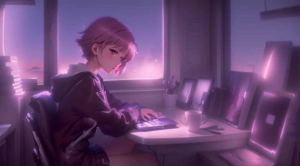 Anime girl sitting at a desk with a laptop and a cup of coffee, 4k anime wallpaper, anime art wallpaper 4k, anime art wallpaper 4k, anime wallpaper 4k, anime wallpaper 4k, Anime Art Wallpapers 8K, Anime Style 4k, Anime Aesthetics, Lo-fi art style, Lo-fi Girl, Anime Background, Anime Girl Desktop Backgrounds, night